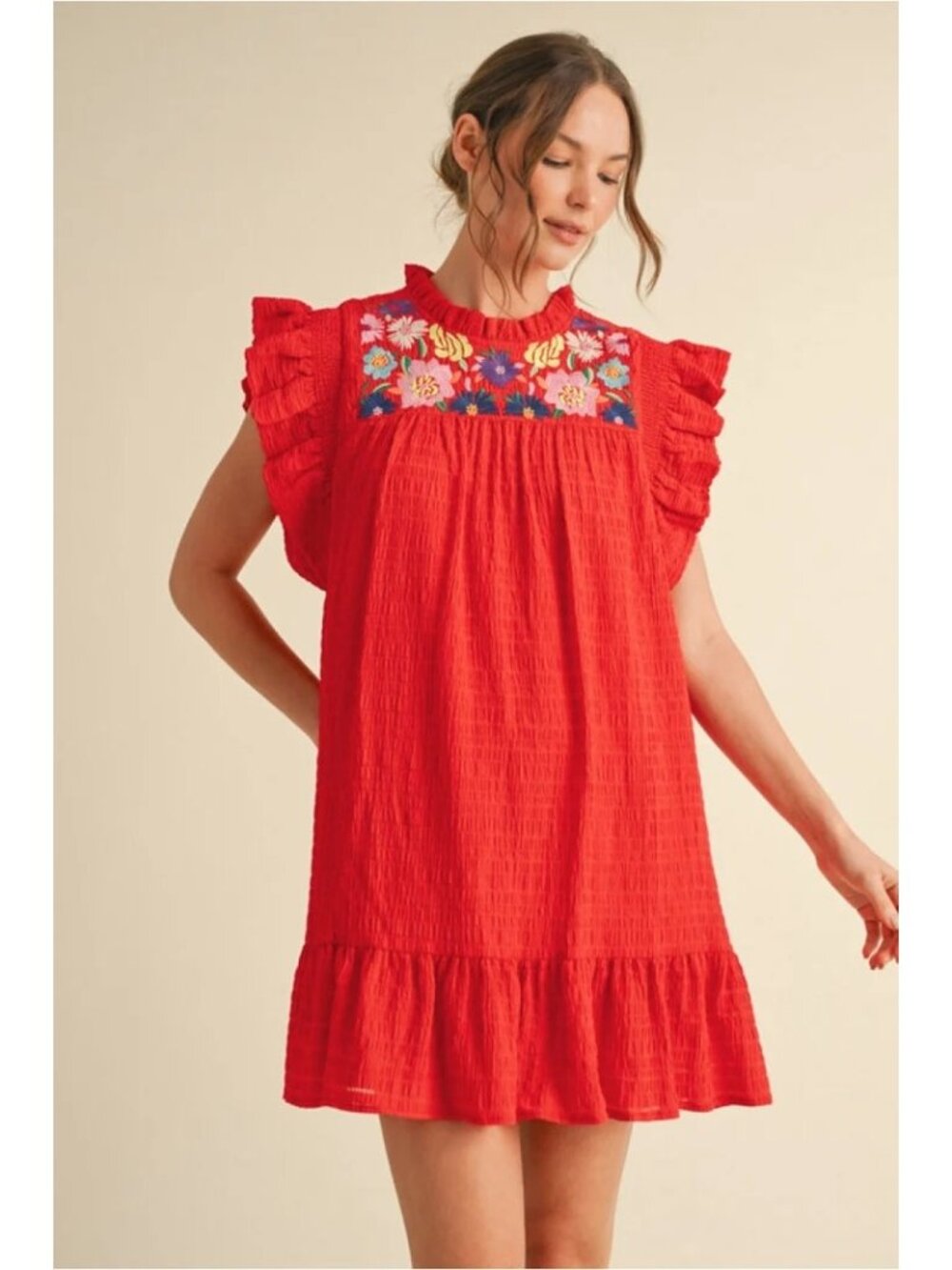 Jodifl Red Embroidered Dress Small Floral Mini Yoke Ruffle